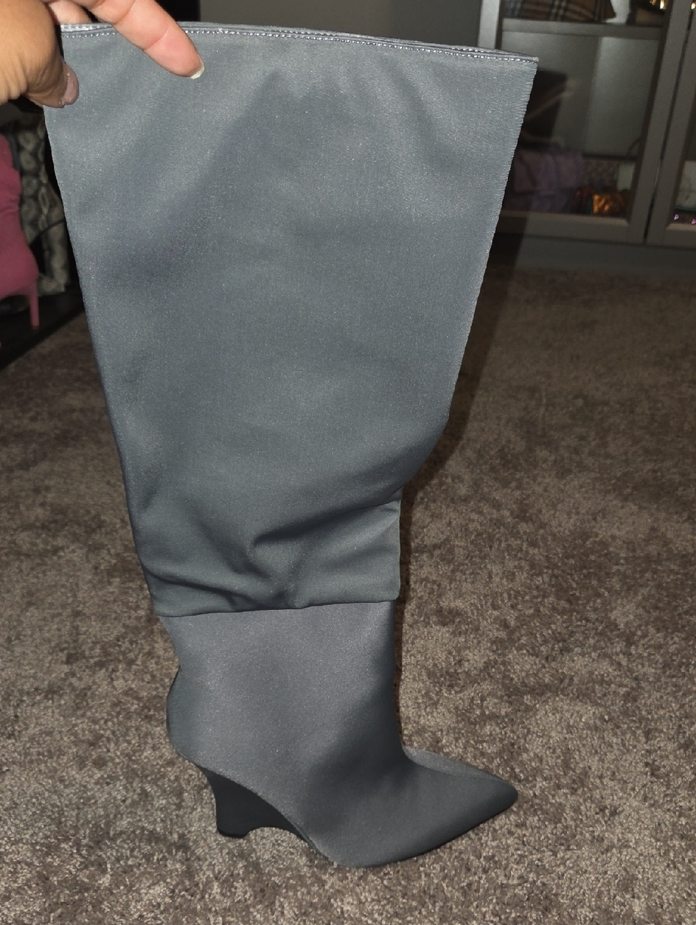 Women's Gray Stretch Knee-High Wedge Boot